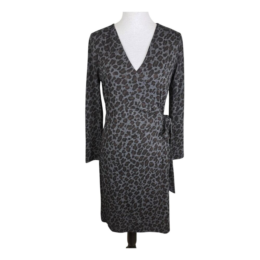 Ann Taylor NWT Gray Leopard Bow Faux Wrap Knee Length Long Sleeve Chic Dress